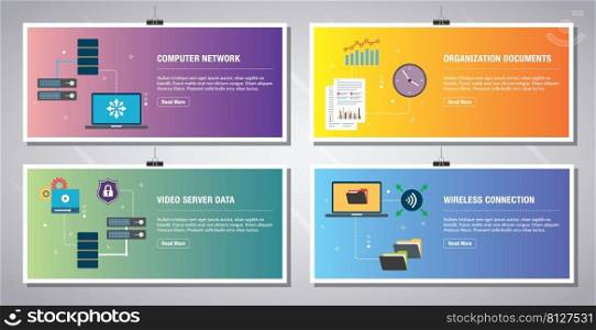 Web banners template in vector with icons of computer network, documents organization , video server data and wireless connection.  Flat design icons in vector illustration.