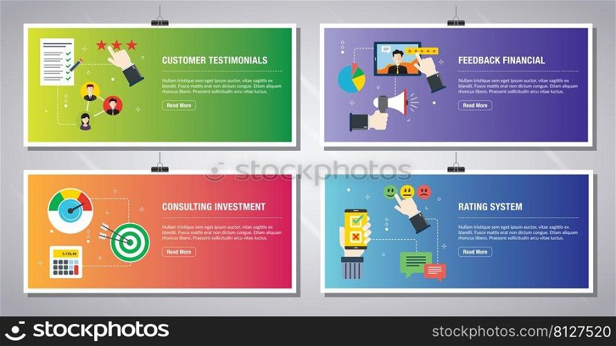 Web banners template in vector with icons of customer testimonials, feedback financial, consulting investment and rating system. Flat design icons in vector illustration.