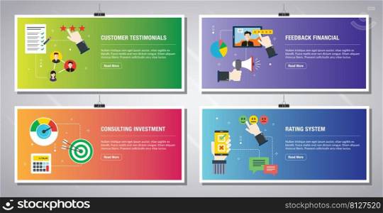 Web banners template in vector with icons of customer testimonials, feedback financial, consulting investment and rating system. Flat design icons in vector illustration.