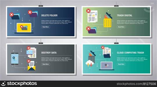 Web banners template in vector with icons of delete folder, trash digital, destroy data and cloud computing trash. Flat design icons in vector illustration.