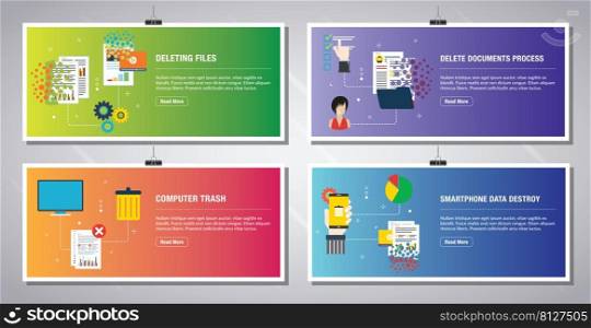 Web banners template in vector with icons of deleting files, delete documents, computer trash and smartphone data destroy. Flat design icons in vector illustration.