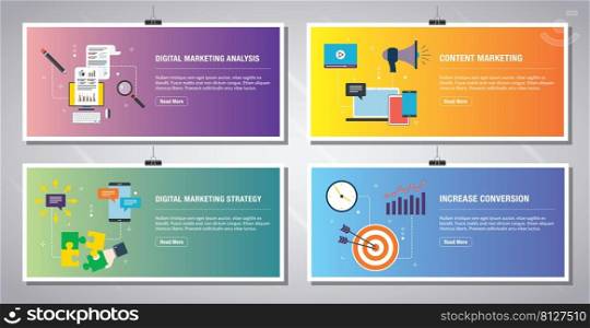 Web banners template in vector with icons of digital marketing analysis, content marketing, strategy and increase conversion. Flat design icons in vector illustration.