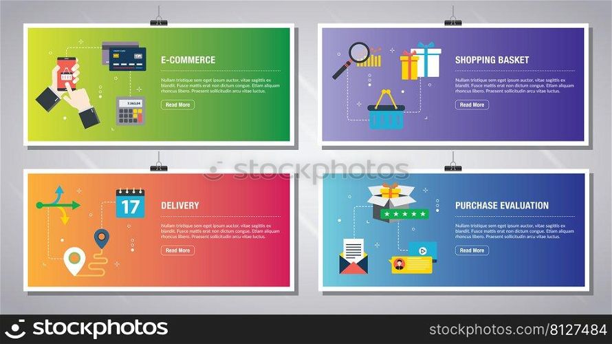 Web banners template in vector with icons of e-commerce, shopping basket, delivery and purchase evaluation. Flat design icons in vector illustration.