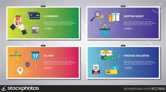 Web banners template in vector with icons of e-commerce, shopping basket, delivery and purchase evaluation. Flat design icons in vector illustration.