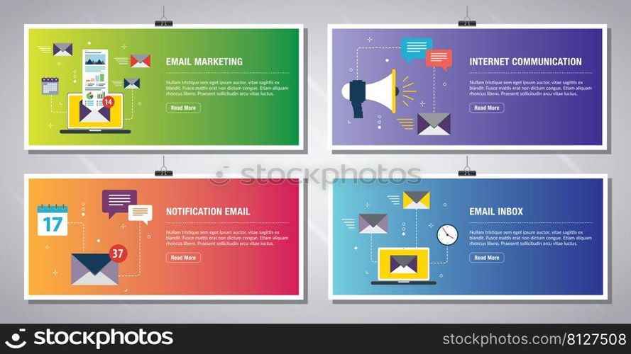 Web banners template in vector with icons of email marketing, internet communication, notification email and email inbox. Flat design icons in vector illustration.