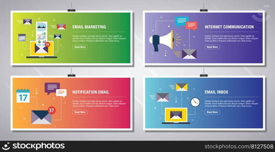 Web banners template in vector with icons of email marketing, internet communication, notification email and email inbox. Flat design icons in vector illustration.