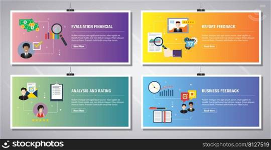 Web banners template in vector with icons of evaluation financial, report feedback, analysis and rating, business feedback. Flat design icons in vector illustration.