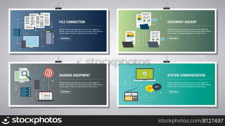 Web banners template in vector with icons of file connection, document backup, sharing equipment and system communication. Flat design icons in vector illustration.