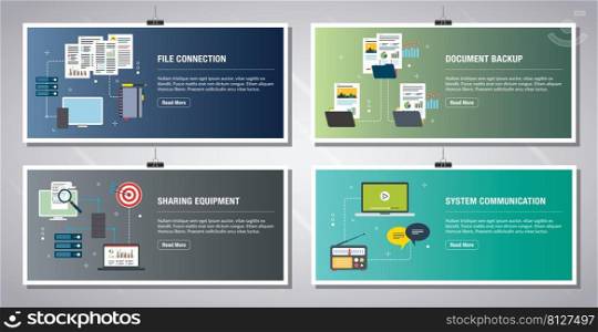Web banners template in vector with icons of file connection, document backup, sharing equipment and system communication. Flat design icons in vector illustration.
