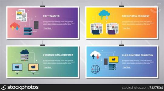 Web banners template in vector with icons of file transfer, backup data document, exchange data computer and cloud computing.Flat design icons in vector illustration.