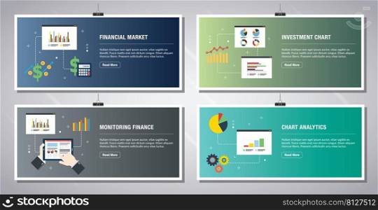 Web banners template in vector with icons of financial market, investment chart, monitoring finance and chart analytics. Flat design icons in vector illustration.