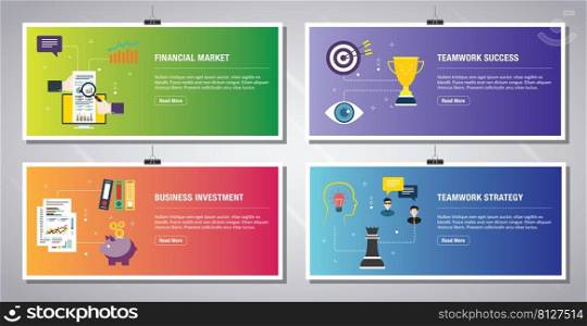 Web banners template in vector with icons of financial market, teamwork success, business investment and teamwork strategy. Flat design icons in vector illustration.