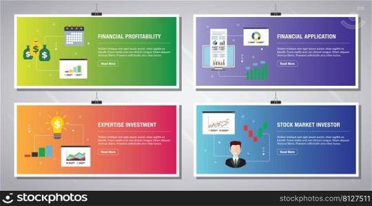 Web banners template in vector with icons of financial profitability, financial application, expertise investment and stock market investor. Flat design icons in vector illustration.