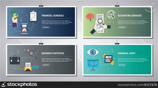 Web banners template in vector with icons of financial schedule, accounting services, business statistics, financial audit. Flat design icons in vector illustration.