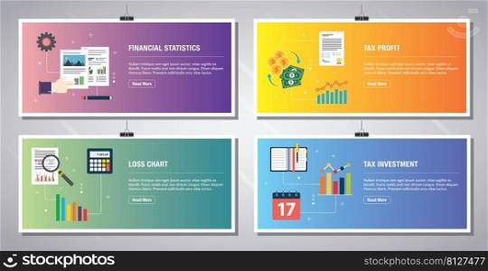 Web banners template in vector with icons of financial statistics, tax profit, loss chart and tax investment. Flat design icons in vector illustration.
