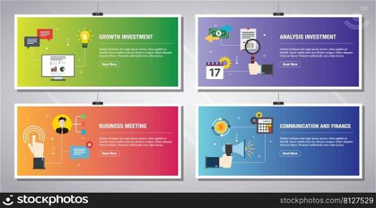 Web banners template in vector with icons of growth investment, analysis investment, business meeting, communication and finance. Flat design icons in vector illustration.