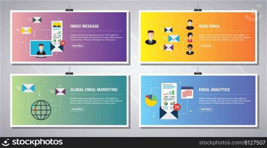 Web banners template in vector with icons of inbox message, send email, global email marketing and email analytics. Flat design icons in vector illustration.