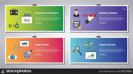 Web banners template in vector with icons of investment opportunity, business visionary, growth vision  and finance decision. Flat design icons in vector illustration.