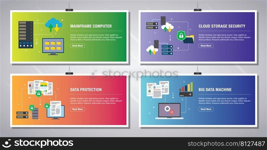 Web banners template in vector with icons of mainframe computer, cloud storage security,  data protection, big data machine. Flat design icons in vector illustration.