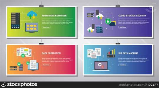Web banners template in vector with icons of mainframe computer, cloud storage security,  data protection, big data machine. Flat design icons in vector illustration.