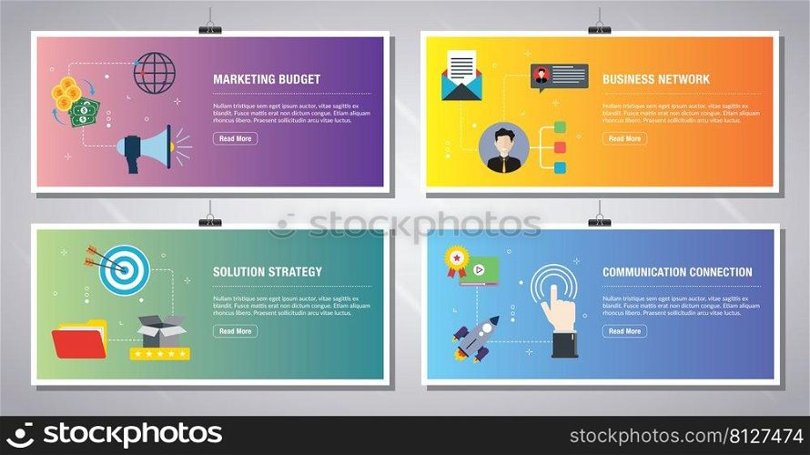 Web banners template in vector with icons of marketing budget, business network, solution strategy, communication. Flat design icons in vector illustration.