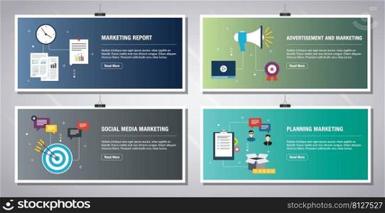 Web banners template in vector with icons of marketing report, advertisement and marketing, social media marketing, planning marketing. Flat design icons in vector illustration.
