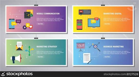 Web banners template in vector with icons of mobile communication, marketing digital, marketing strategy and business marketing. Flat design icons in vector illustration.