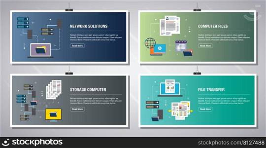 Web banners template in vector with icons of network solutions, computer files, storage computer and file transfer. Flat design icons in vector illustration.