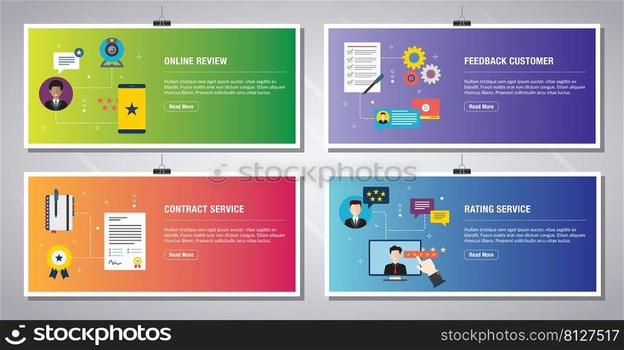 Web banners template in vector with icons of online review, feedback customer, contract service and rating service. Flat design icons in vector illustration.