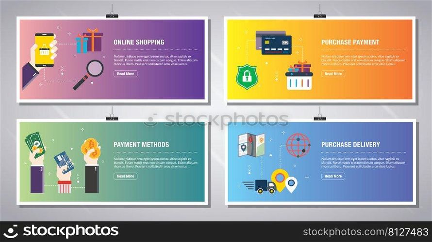 Web banners template in vector with icons of online shopping, purchase payment, payment methods, purchase delivery. Flat design icons in vector illustration.