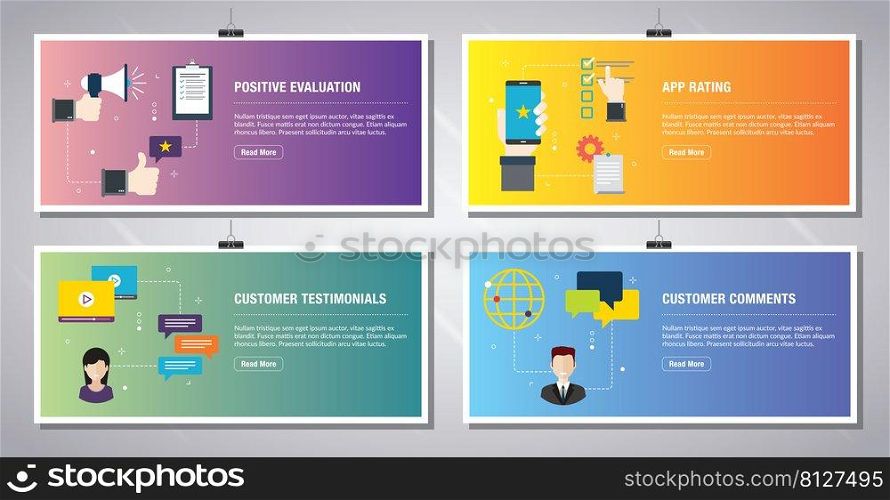 Web banners template in vector with icons of positive evaluation, app rating, customer testimonials and customer comments. Flat design icons in vector illustration.