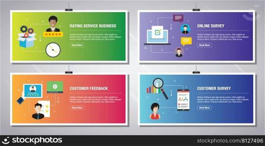 Web banners template in vector with icons of rating service business, online survey, customer feedback and customer survey. Flat design icons in vector illustration.