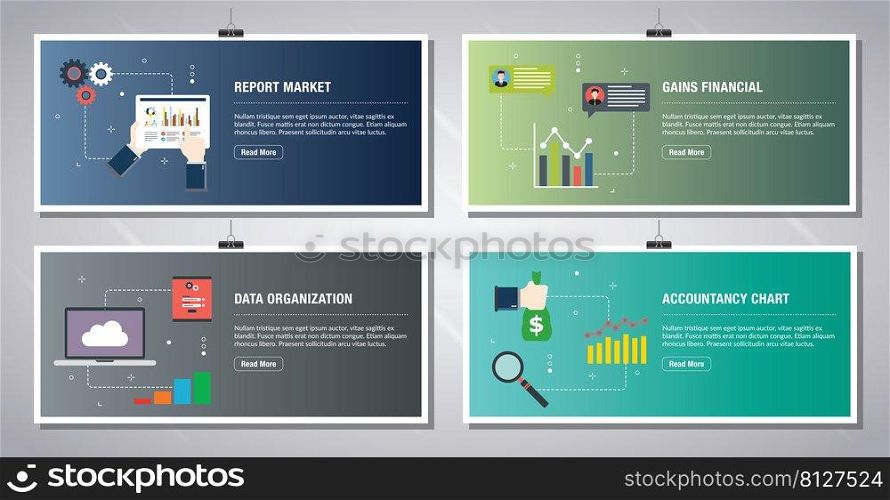Web banners template in vector with icons of report market, gains financial, data organization and accountancy chart. Flat design icons in vector illustration.