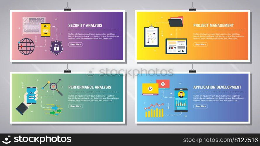 Web banners template in vector with icons of security analysis, project management, performance analysis and application development. Flat design icons in vector illustration.