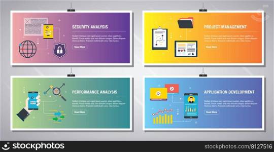 Web banners template in vector with icons of security analysis, project management, performance analysis and application development. Flat design icons in vector illustration.