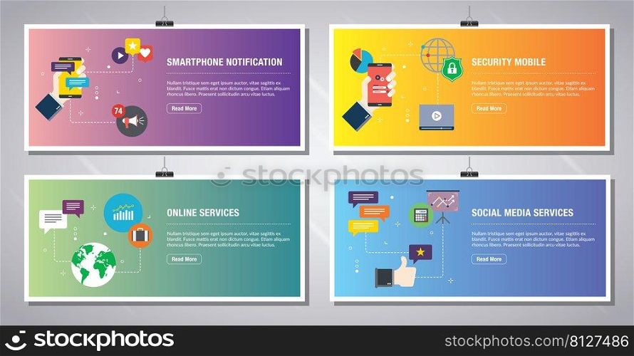 Web banners template in vector with icons of smartphone notification, security mobile, online services, social media services. Flat design icons in vector illustration.