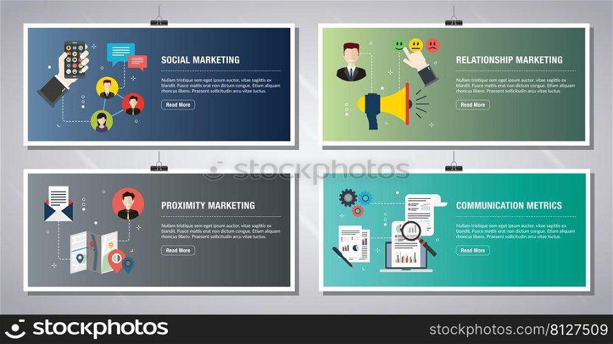 Web banners template in vector with icons of social marketing, relationship marketing, proximity marketing and communication metrics. Flat design icons in vector illustration.