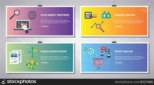 Web banners template in vector with icons of stock market investment, earnings analysis, finance growth, report analysis. Flat design icons in vector illustration.