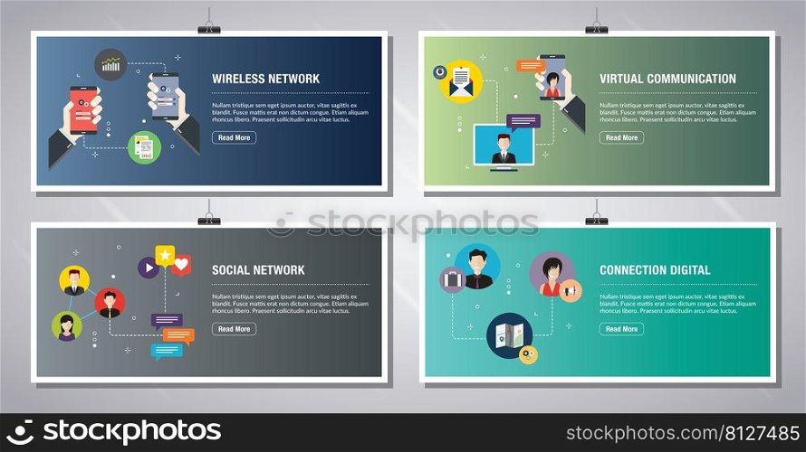 Web banners template in vector with icons of wireless network, virtual communication, social network, connection digital. Flat design icons in vector illustration.