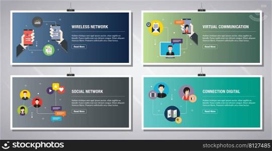 Web banners template in vector with icons of wireless network, virtual communication, social network, connection digital. Flat design icons in vector illustration.