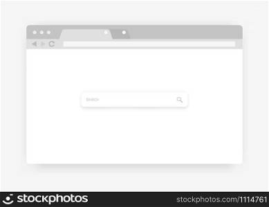 Web browser. Flat window with graphic UI elements, search bar and navigation batons. Vector web application mockup blank searched frames computer toolbar. Web browser. Flat window with graphic UI elements, search bar and navigation batons. Vector web application mockup