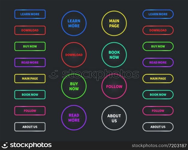 Web buttons. Neon glowing navigation button. Buy, now and learn, more. Download and read, labels for shop or game ui lighting elements vector set. Web buttons. Neon glowing navigation button. Buy, now and learn, more. Download and read, labels for shop or game ui elements vector set