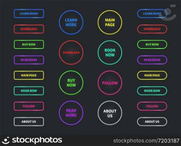 Web buttons. Neon glowing navigation button. Buy, now and learn, more. Download and read, labels for shop or game ui lighting elements vector set. Web buttons. Neon glowing navigation button. Buy, now and learn, more. Download and read, labels for shop or game ui elements vector set