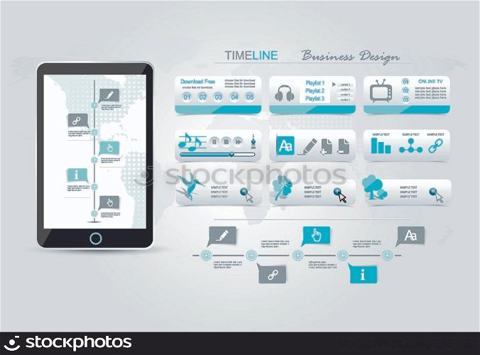 Web buttons set blue design, time line infographic on screen of smartphone.