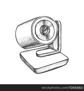 Web Camera Modern Digital Gadget Monochrome Vector. Camera For Internet Video Communication. Technological Accessory Engraving Concept Template Hand Drawn In Vintage Style Black And White Illustration. Web Camera Modern Digital Gadget Monochrome Vector