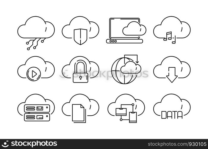 Web cloud services icons. Internet sync computer technology infographic vector linear symbols isolated. Cloud data sync and networking, internet app service illustration. Web cloud services icons. Internet sync computer technology infographic vector linear symbols isolated