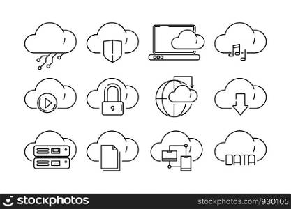 Web cloud services icons. Internet sync computer technology infographic vector linear symbols isolated. Cloud data sync and networking, internet app service illustration. Web cloud services icons. Internet sync computer technology infographic vector linear symbols isolated
