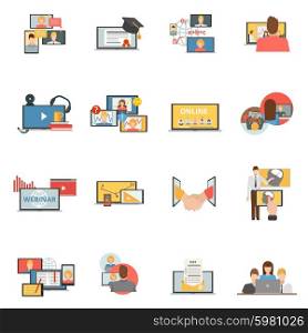 Web collaboration webinar flat icons set. Web conferences meetings and seminars flat icons collection of online webinars trainings participants abstract isolated vector illustration