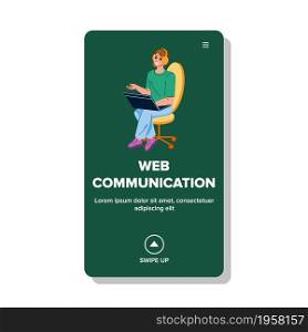 Web Communication Modern Online Technology Vector. Young Man Sitting On Office Chair And Speaking With Client, Web Communication And Customer Support. Character Web Flat Cartoon Illustration. Web Communication Modern Online Technology Vector