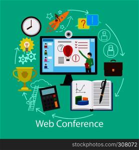 Web Conference Concept. Online work and study resourses. Vector illustration. . Web Conference Concept